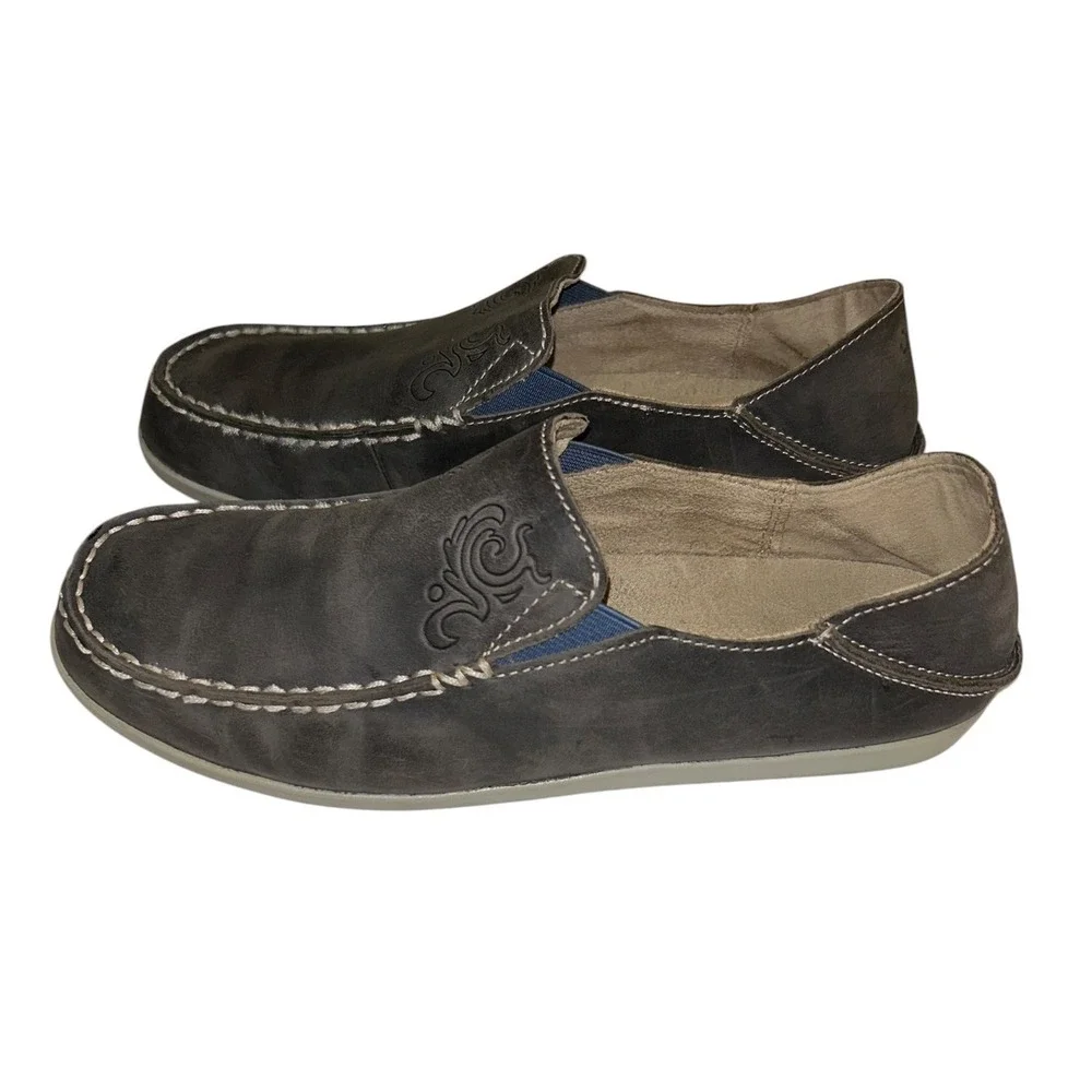 Olukai Nohea Nubuck Charcoal Gray Leather Slip On Loafers Womens 8 20174-VIPG